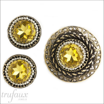 Schiaparelli Faux Citrine, Pearl & Gold Brooch & Earrings Set